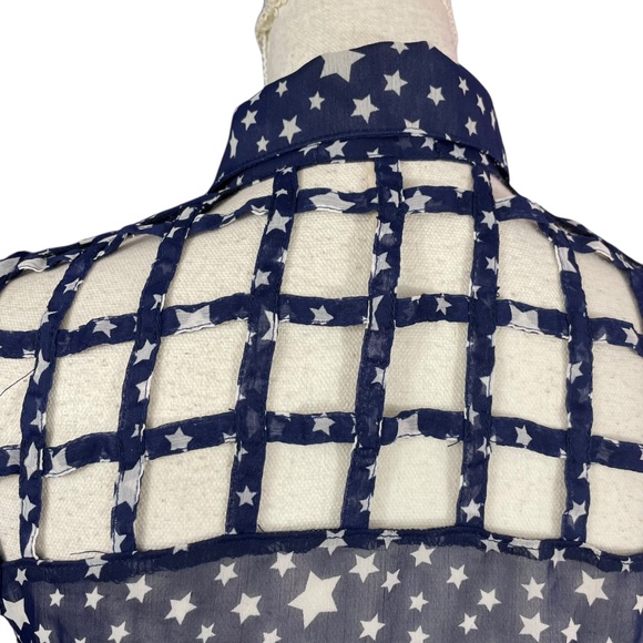 Star Print Lattice Sleeveless Blouse M Tie Waist Collared Caged Navy Blue Top - Picture 4 of 13